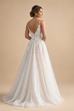 Spaghetti Strap V-Neck Lace Wedding Dress with Leaf Embroidery | ZapDress