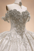 Ivory Luxury Satin Ball Gown with Silver Embroidery Wedding Dress ZP166
