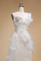 Luxury White One-Shoulder Lace Ruched Bow Mermaid Wedding Dress ZP157