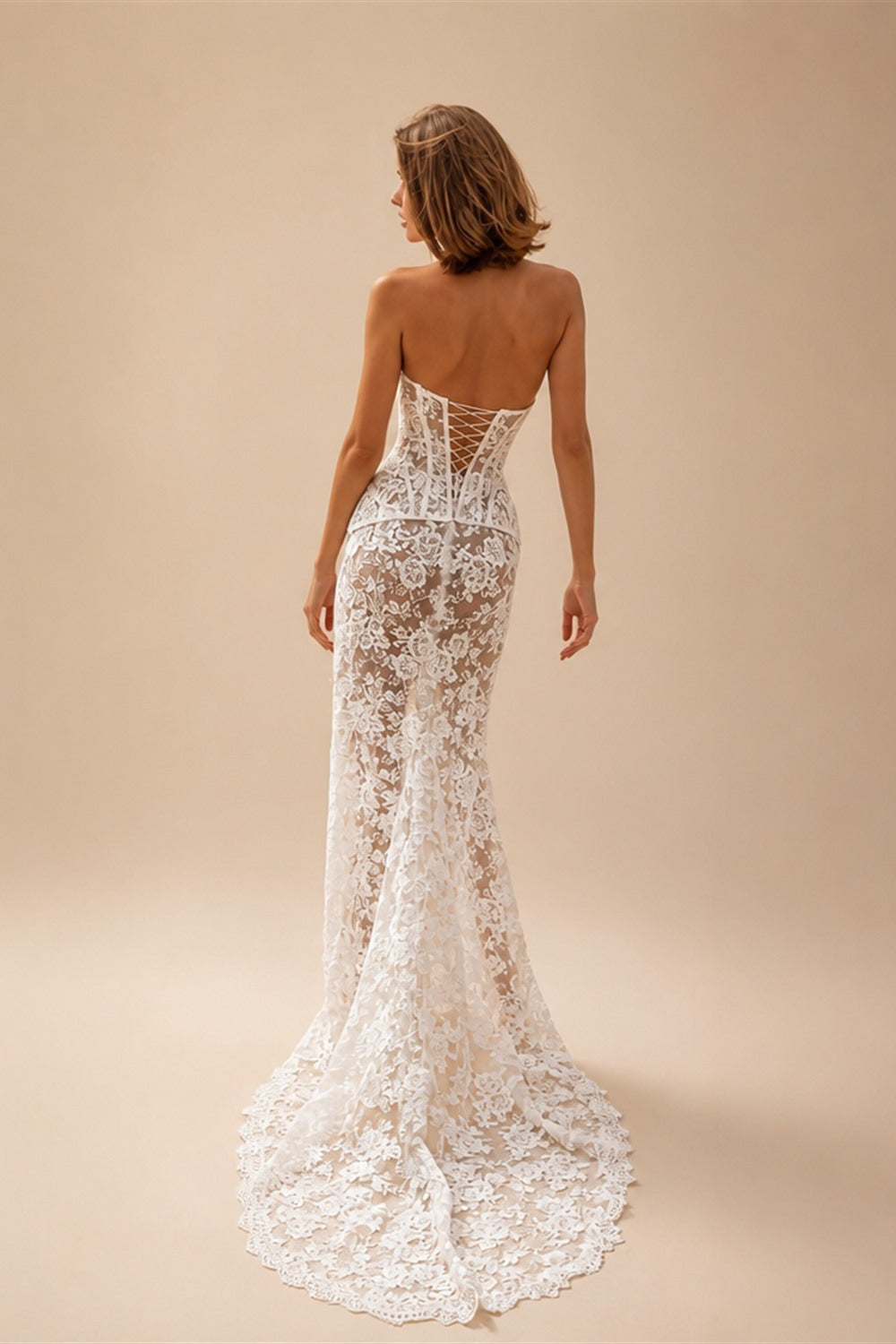 Luxury Lace Strapless High Slit Sheath Wedding Dress with Choker ZP111