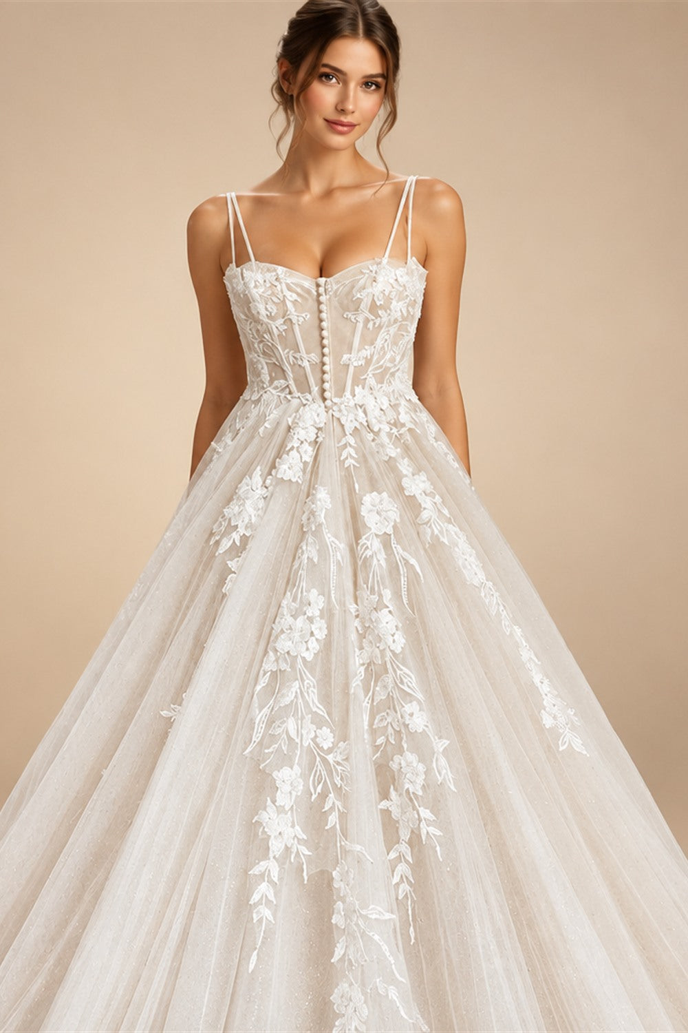 Princess Lace Wedding Dress Bridal Robe 2024 Vestido Spaghetti Straps Chapel Train Champagne Tulle Wedding Gown (ZD02147)