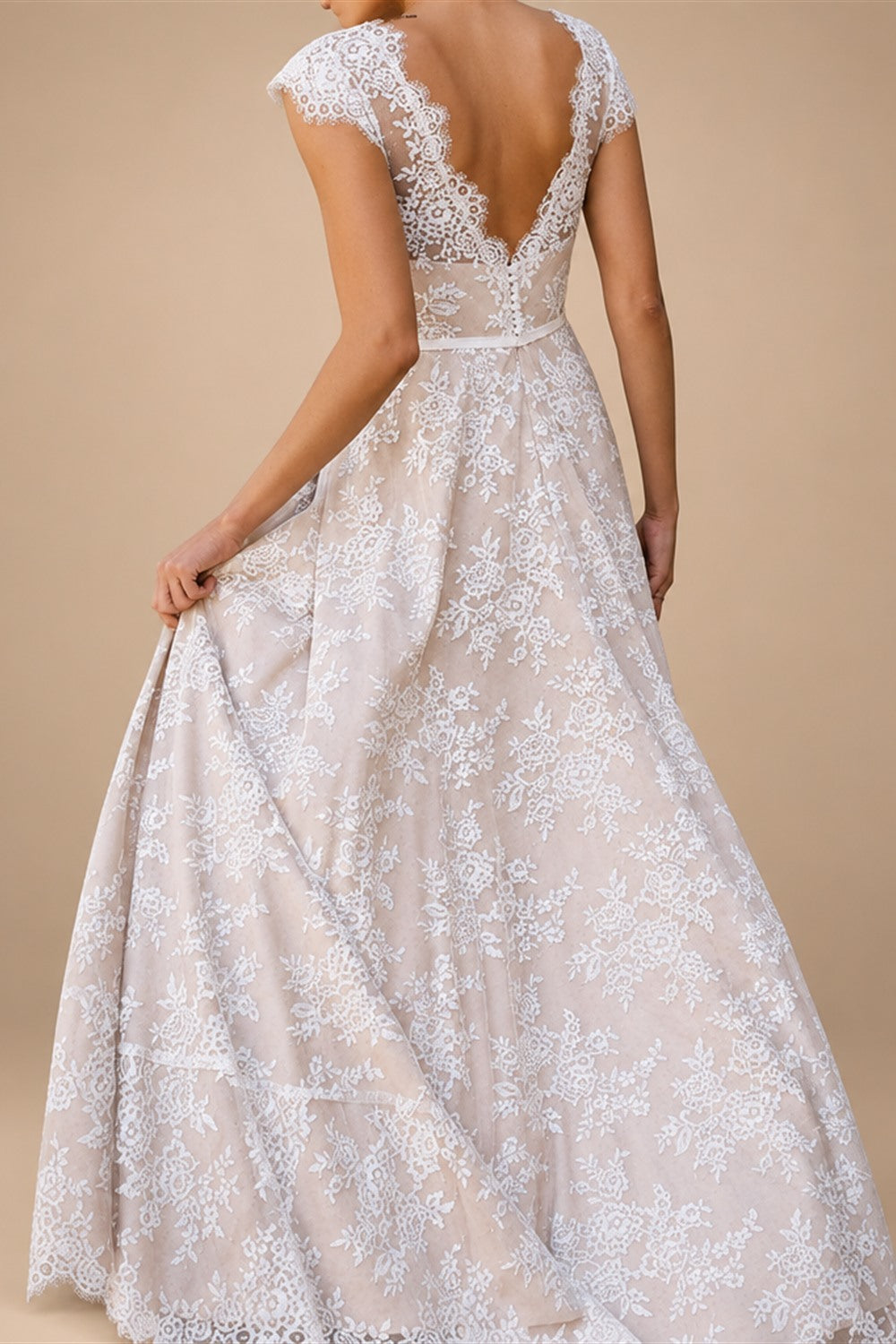 Vintage Champagne Lace Bohemian Wedding Dress A Line Cap Sleeve