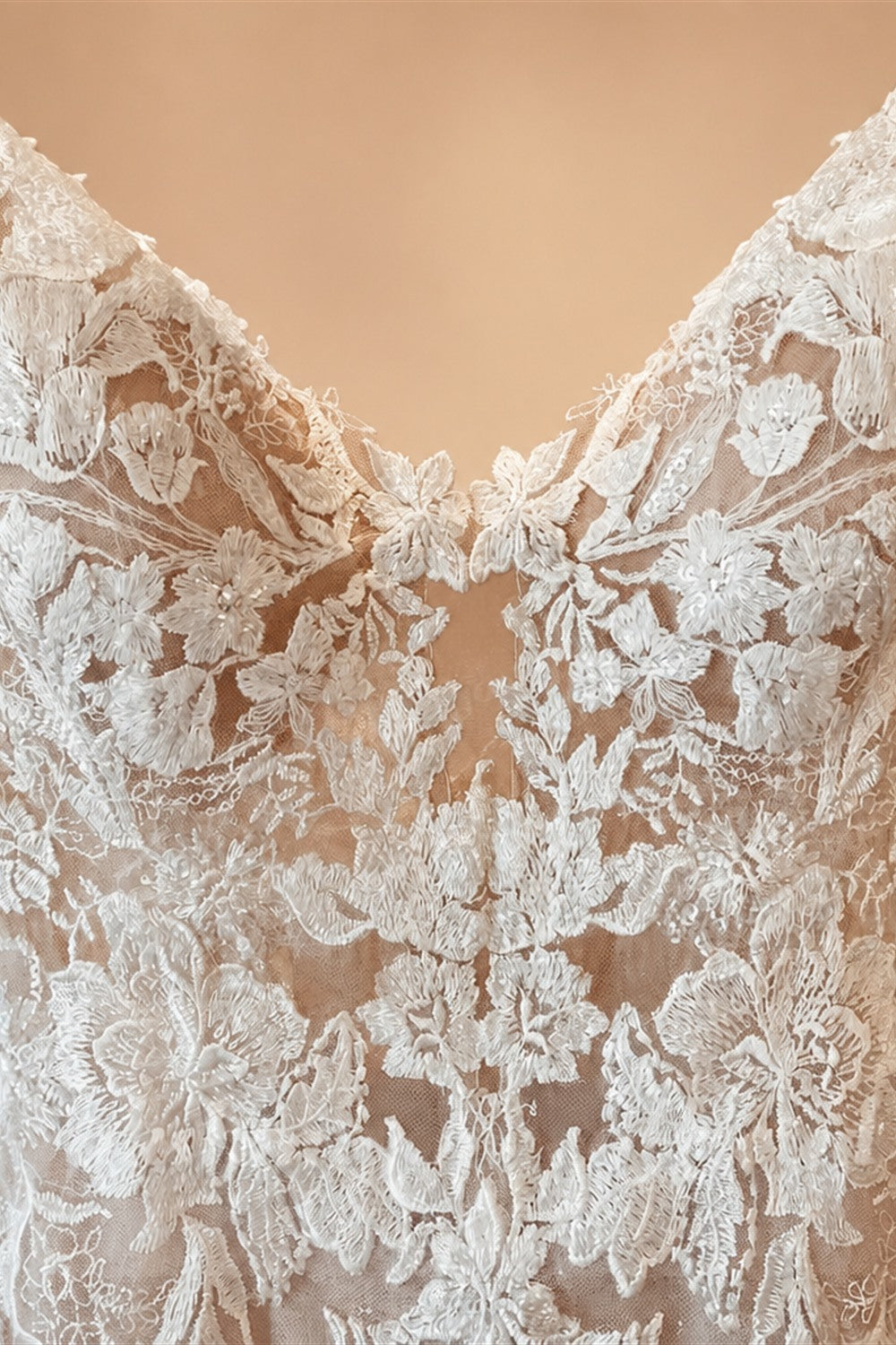 Custom Made Champagne Lace Mermaid Wedding Dress With Spaghetti Straps