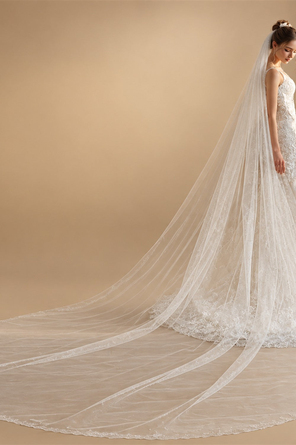 V393 One layer Bridal Veil - White Long Train Wedding Tulle Headpiece for Brides With Comb