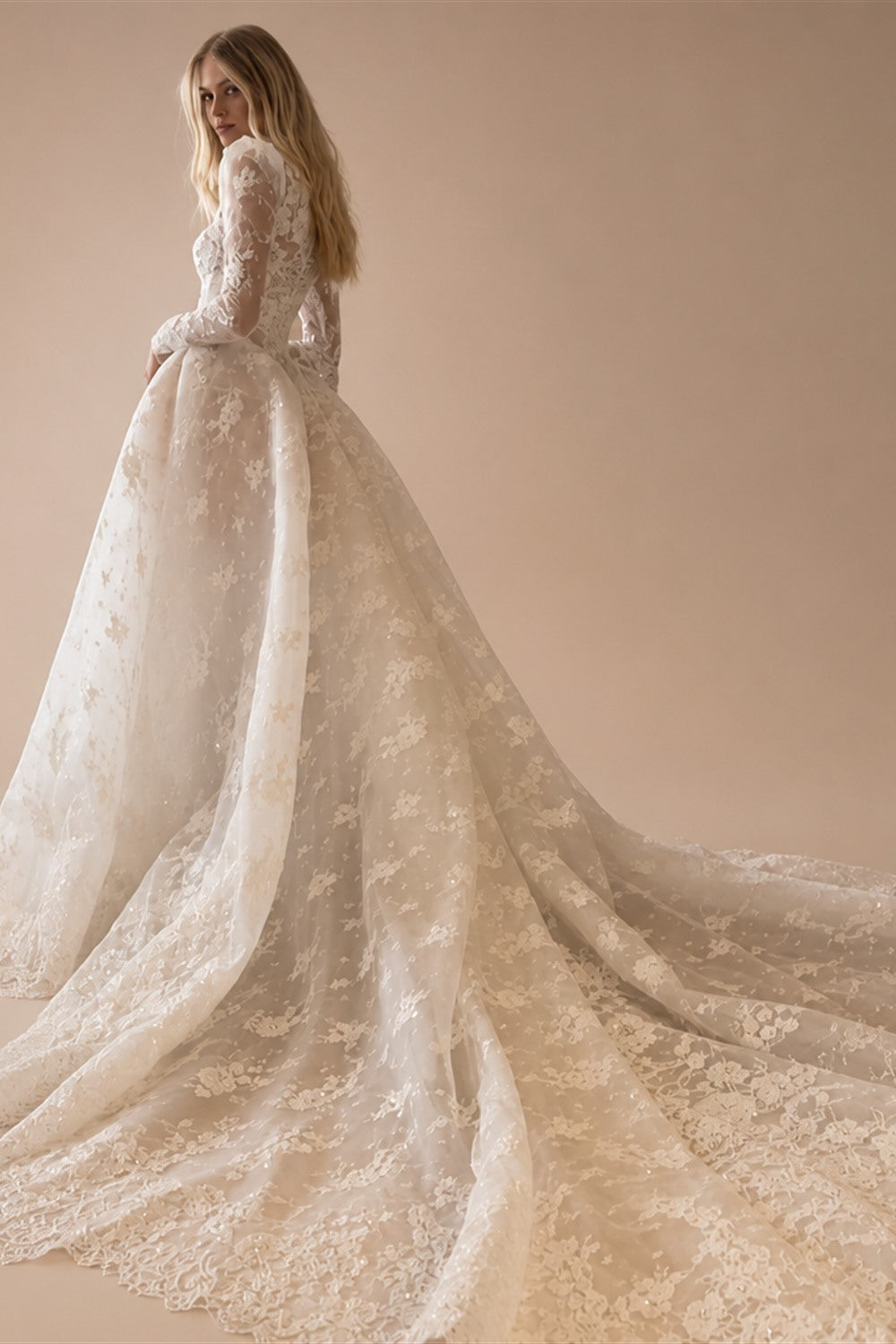 Luxury White High Neck Sequin Long Sleeve Lace A-Line Wedding Dress ZP094