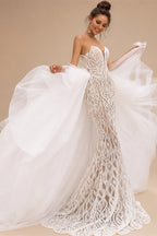 Stunning and Sexy Strapless 2 In 1 Mermaid Wedding Dress With Detachable Train Chic Lace Bride dress vestidos de noche