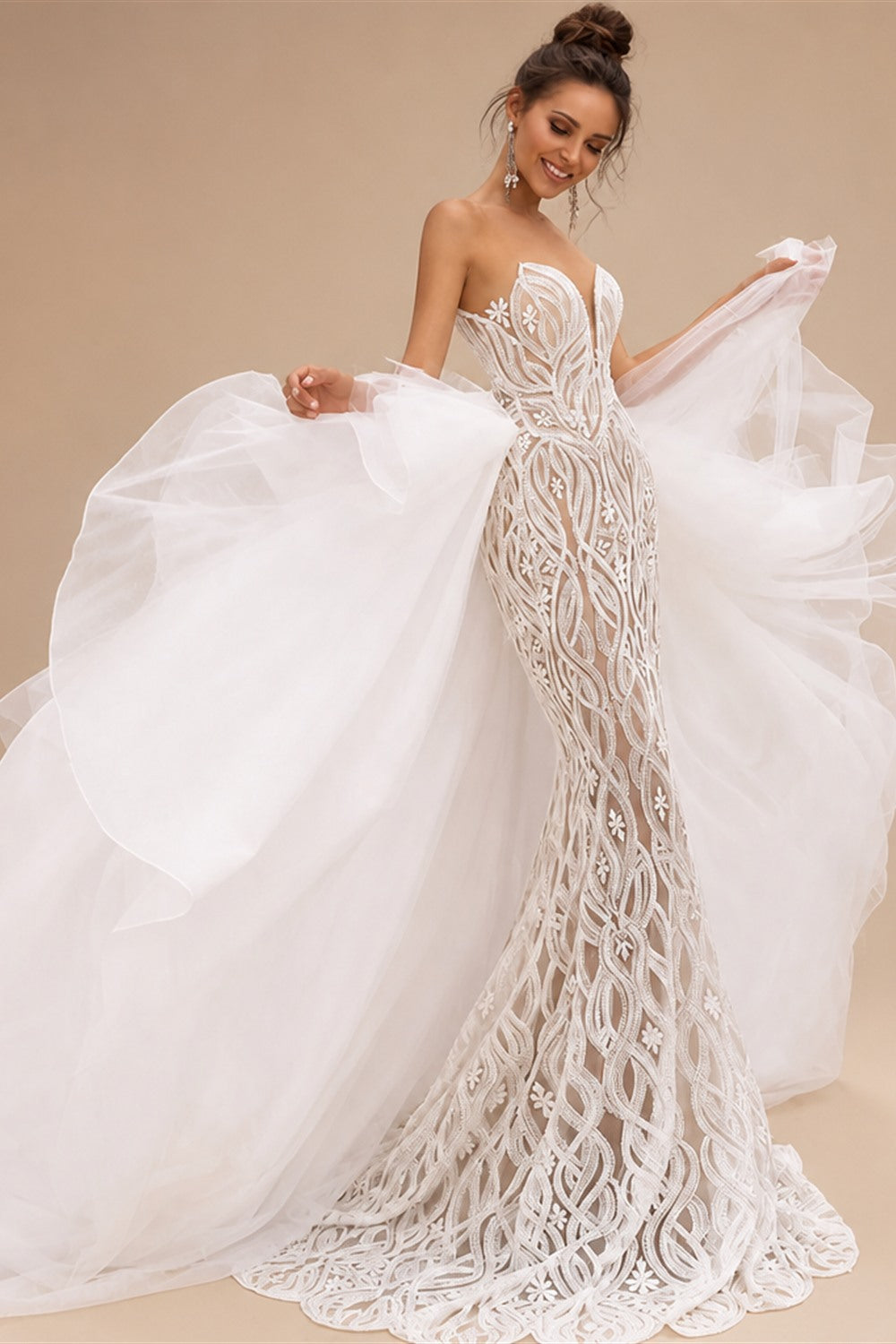 Stunning and Sexy Strapless 2 In 1 Mermaid Wedding Dress With Detachable Train Chic Lace Bride dress vestidos de noche