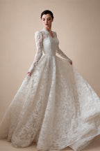 Elegant Printed Lace High Neck Wedding Dress with Train ZP171