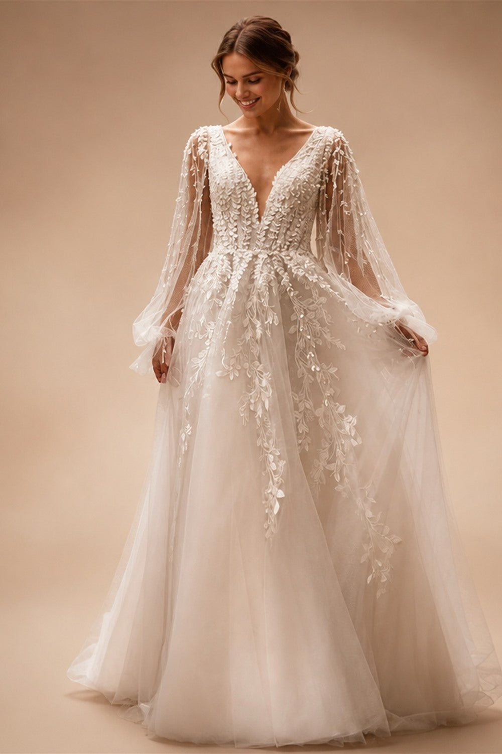 Princess Wedding Dress Customized Puff Sleeves Illusion Back Buttons Applique Sweep Train Vestido De Noiva Bridal Gown