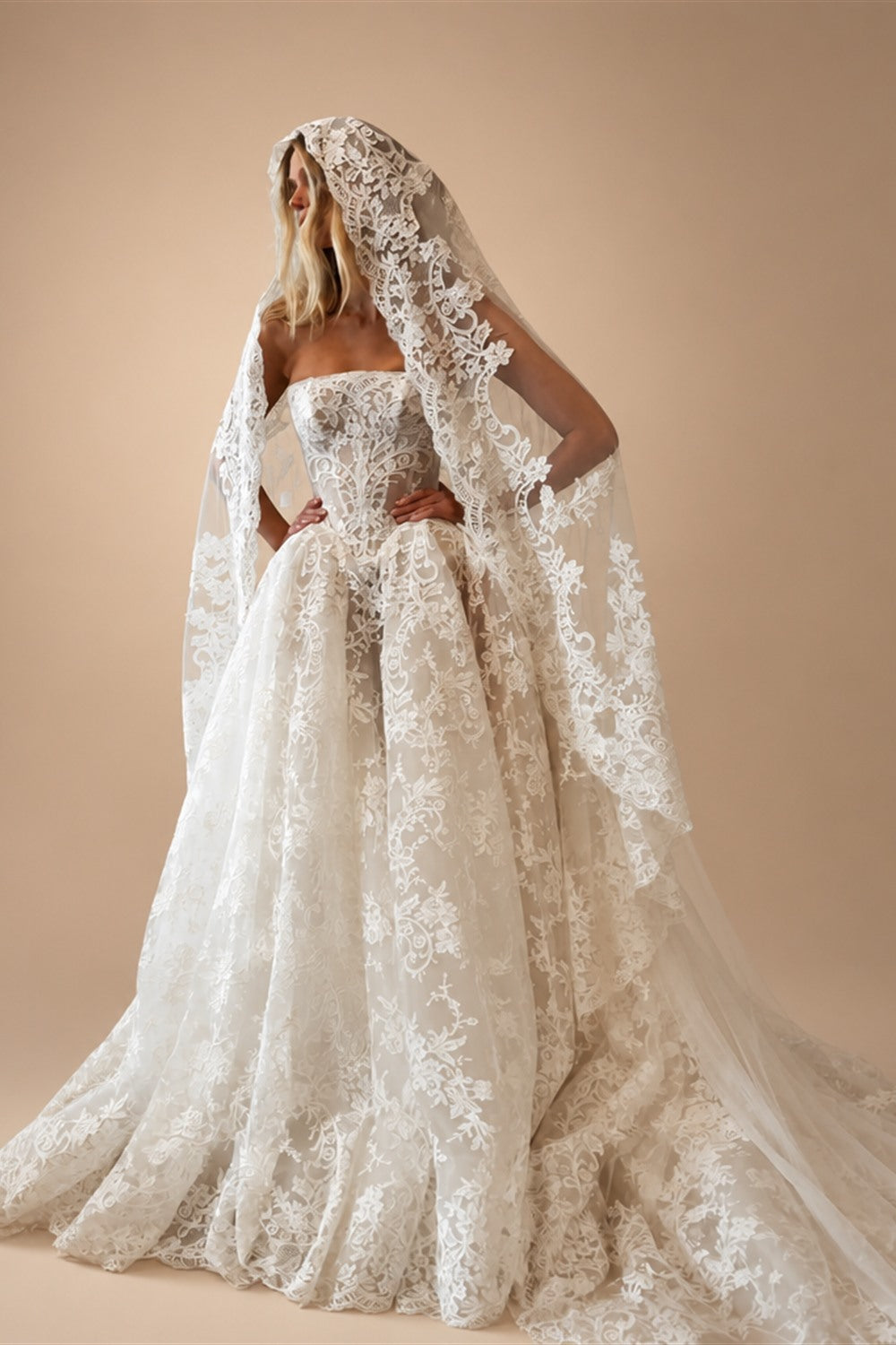 Glamorous White Strapless Floral Lace Wedding Dress with Veil ZP095