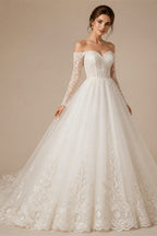 Romantic Puff Long Sleeve Boho Wedding Dress Low Open Back Tulle Bridal Gowns A Line Lace Applique Wedding Gowns Customized