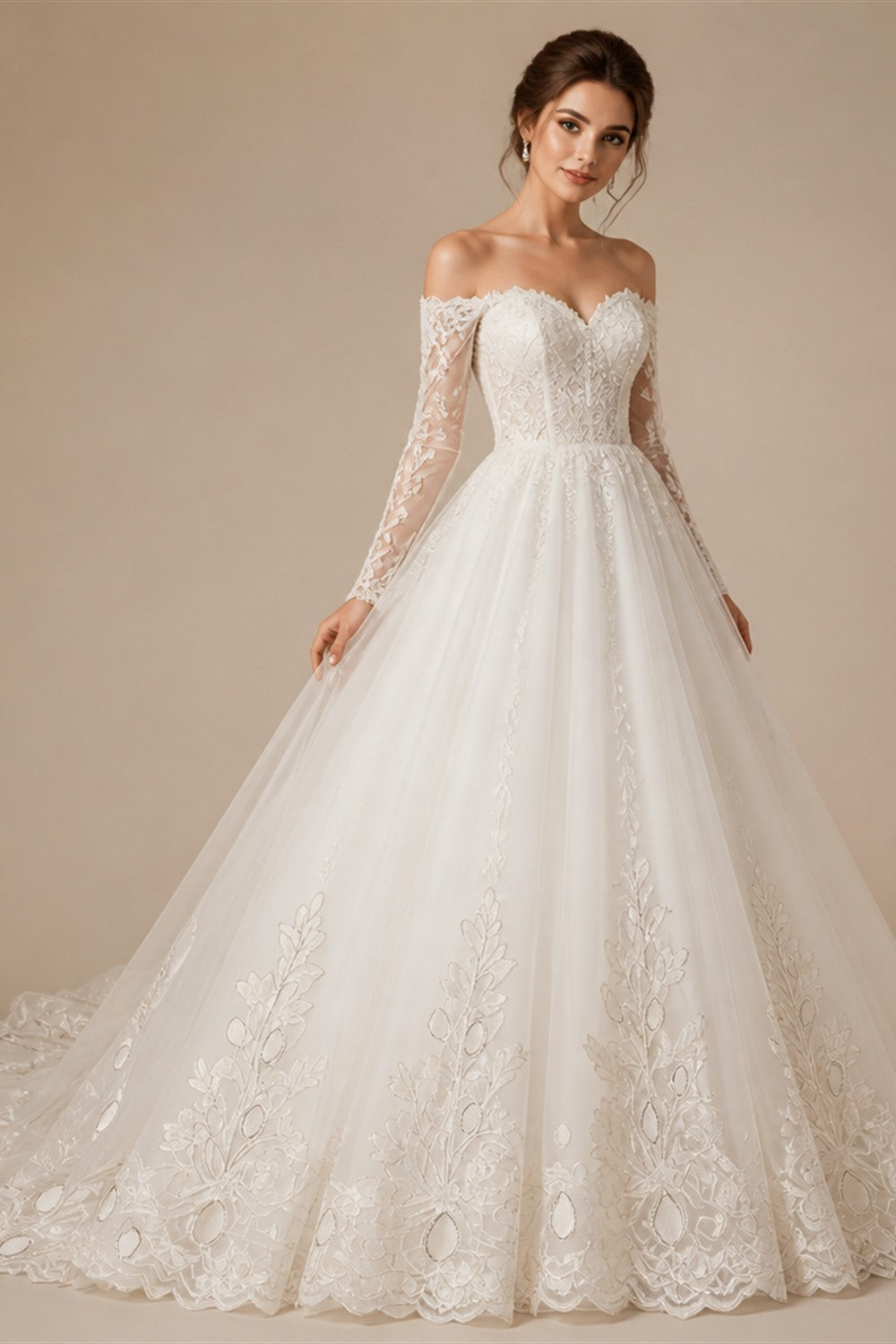 Romantic Puff Long Sleeve Boho Wedding Dress Low Open Back Tulle Bridal Gowns A Line Lace Applique Wedding Gowns Customized