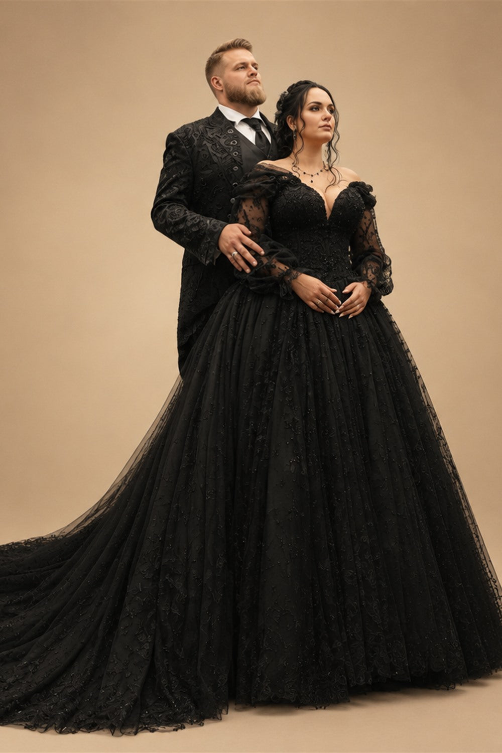 Black Luxury Gothic Wedding Dress 3D Floral Corset Tulle Ball Gown With Train  ZP201
