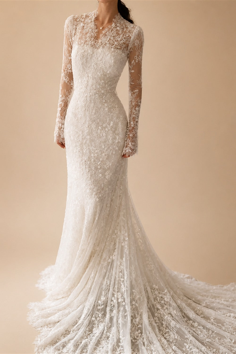 Elegant Ivory Lace High Neck Long Sleeve Train Mermaid Wedding Dress with Veil ZP108