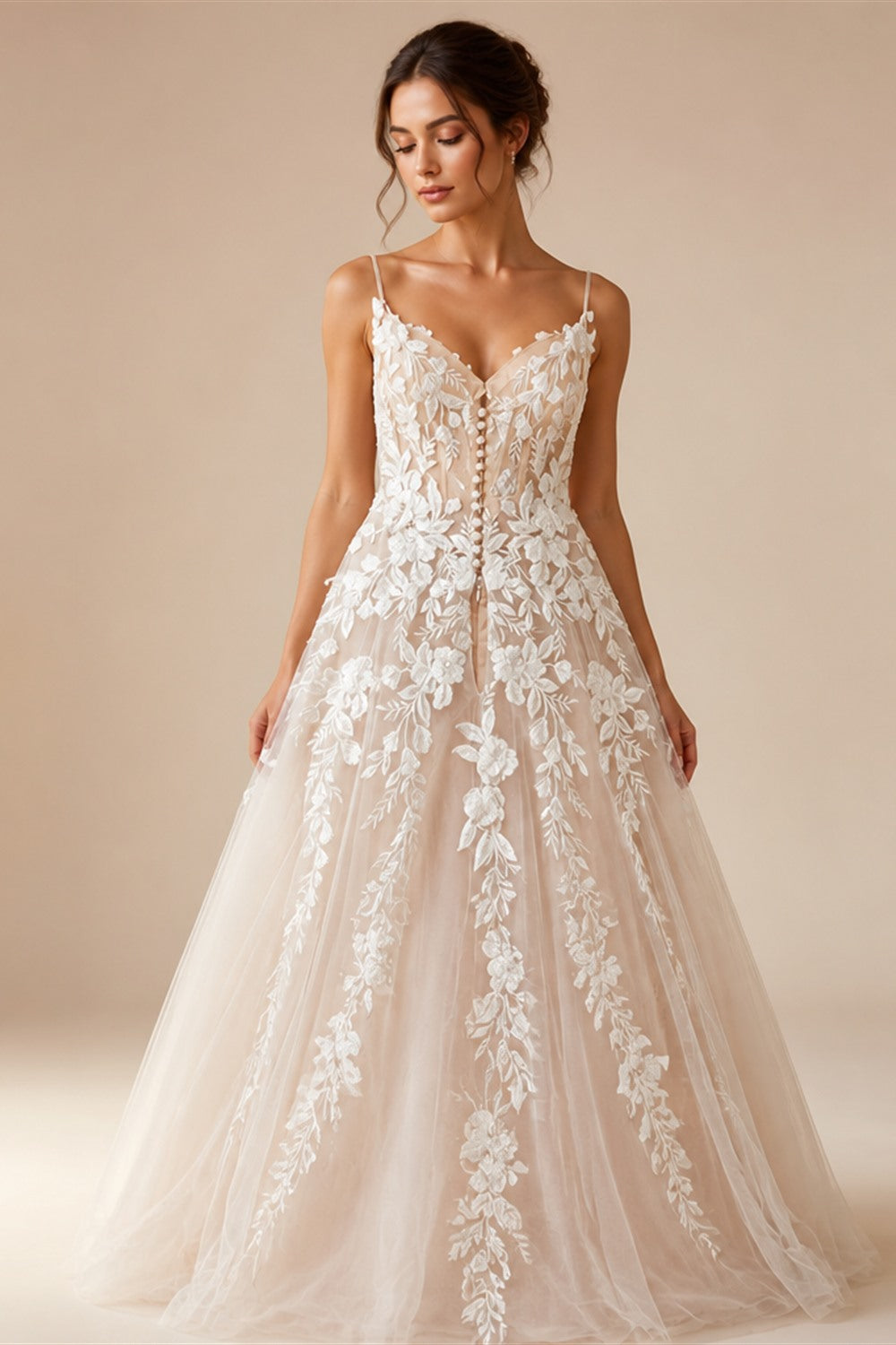 Womens Spaghetti Straps Boho Wedding Dress Lace Bodice Tulle Open Back Gown