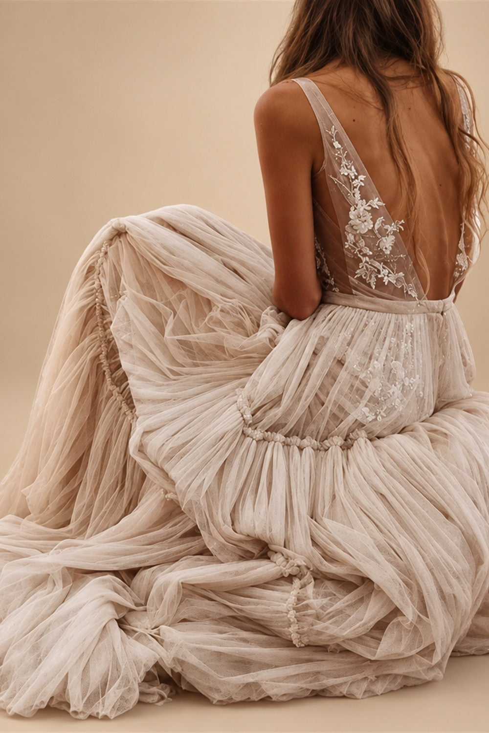 Beach Sexy V Neck Sleeveless Floor Length Tulle Bridal Gowns With Wedding Dresses