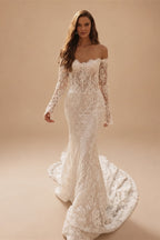 Romantic Ivory Off-the-Shoulder Lace Mermaid Wedding Dress with Tulle Overlay ZP132