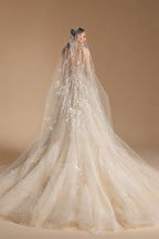 Romantic Champagne Strapless Floral Lace Tulle A-Line Wedding Dress with Veil ZP084