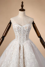 Elegant Ivory Strapless Corset Lace Tulle Bridal Gown Wedding Dress with Long Detachable Sleeves ZP067