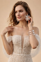 White Nude Lace Mermaid Wedding Dress Luxury Beaded Sequins   Tulle Gloves ZP032