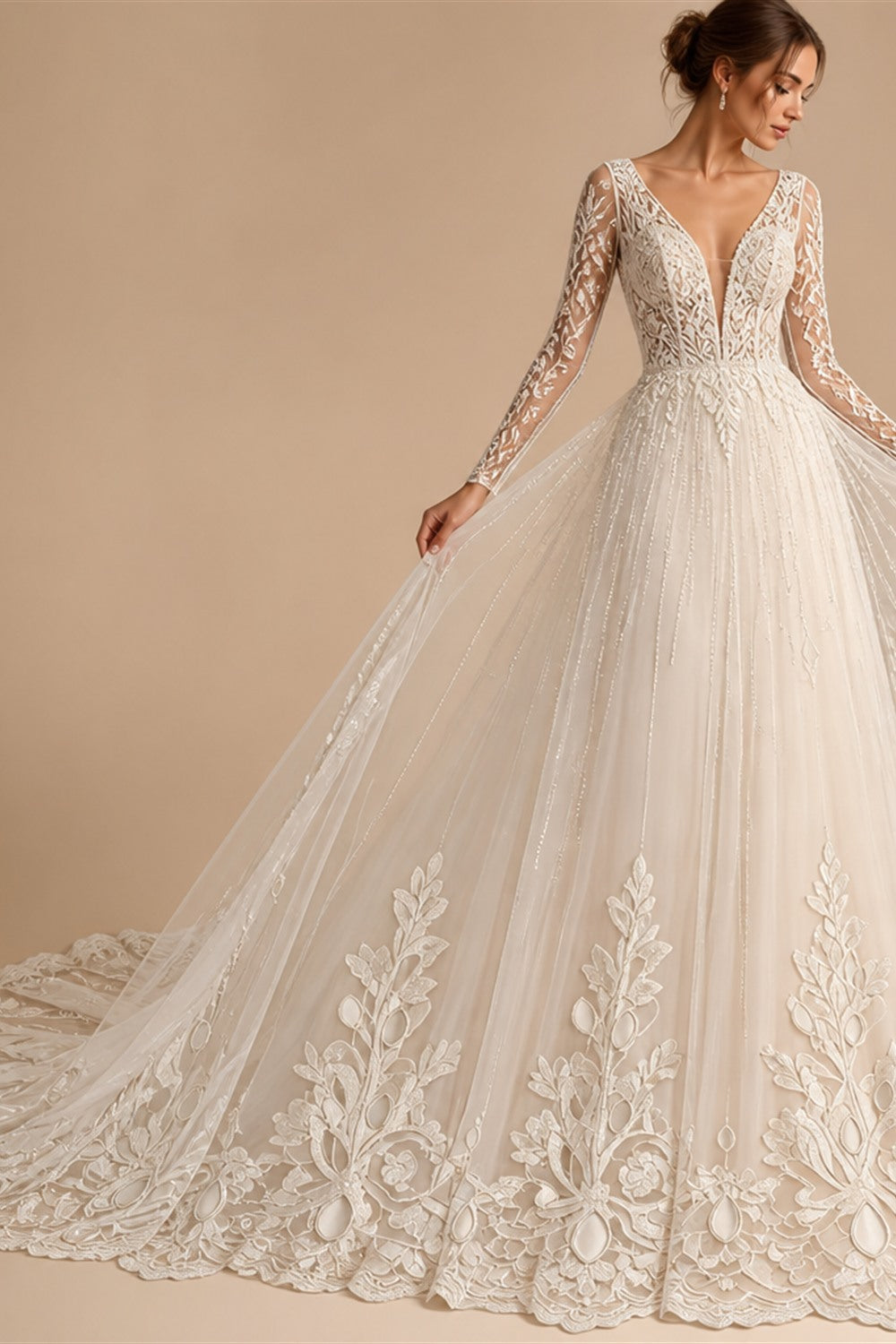 Romantic Deep V Neck Custom Bridal Gown With Floral Lace Sweep Train