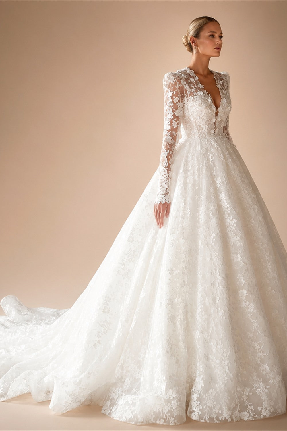 Luxury Lace Wedding Dress Vestido De Noiva Customized Long Sleeves V Neck Court Train A Line Bridal Gown Bride Dresses