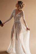 Mordern V- Neck Sequins Wedding Dresses Long Sleeves Floor Length Backless Bridal Gowns Robe De Marié