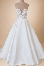 Simple White Satin A Line Wedding Dress Sleeveless Sweetheart Gown