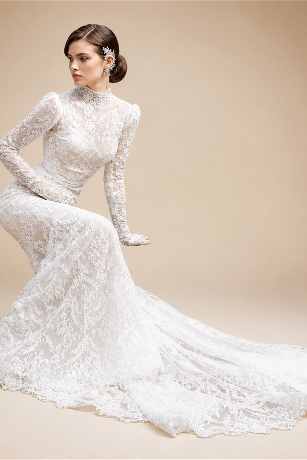 Mocaca Customized Luxury High Neck Lace Mermaid Wedding Dress Long Sleeve 2and1Detachable Train Bridal Gown Vestido De Novia