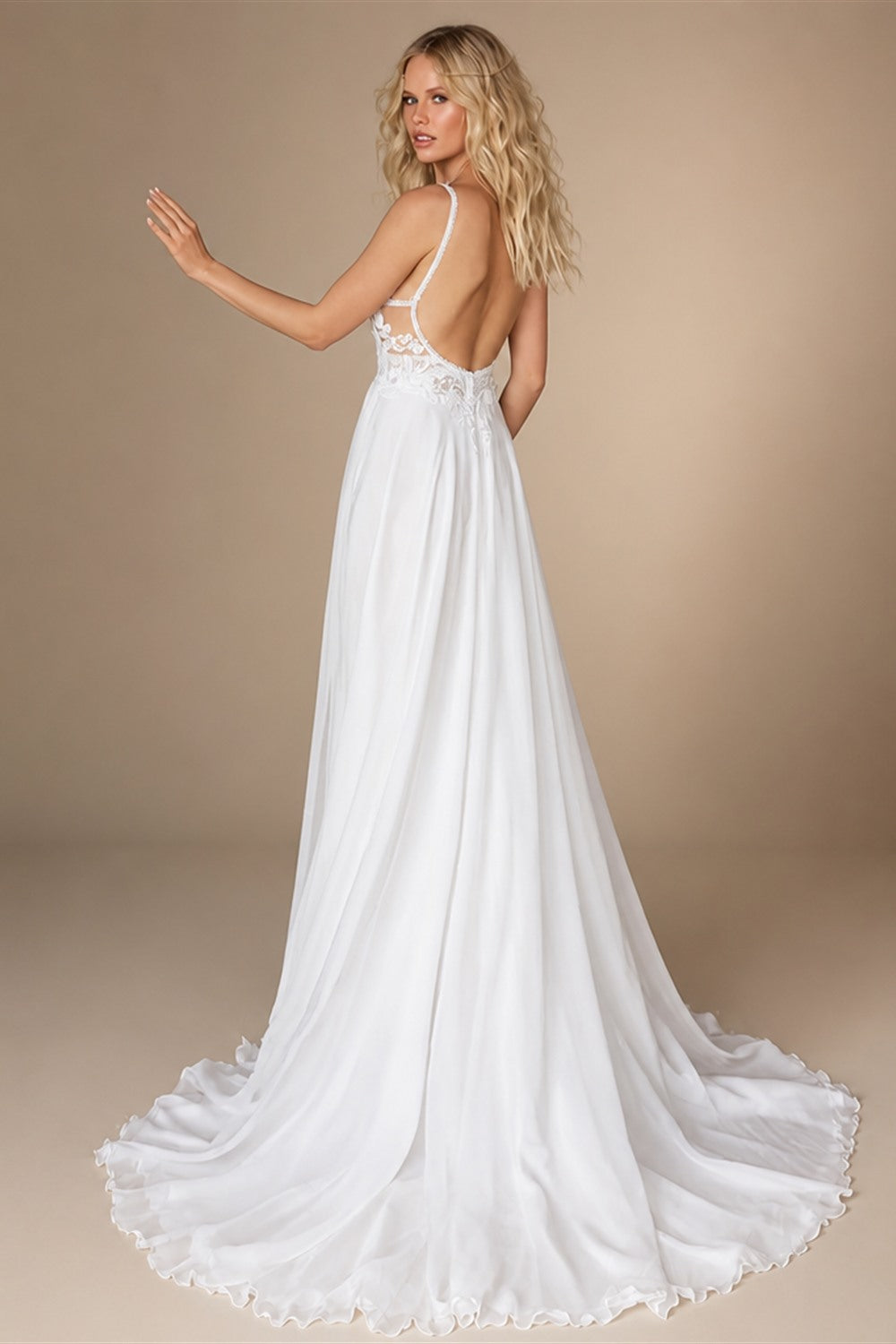 Beach Wedding Dresses Sexy V-Neck Spaghetti Straps High Side Slit Bride Dress 2025 Lace Appliques Beaded Ribbons Bridal Gown New