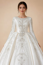 White Satin Strapless Ball Gown Wedding Dress with Luxurious Beaded Lace and Cathedral Train ZP016