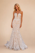 White Nude Lace Fairytale  Mermaid Wedding Dress 3D Floral  Train  ZP037
