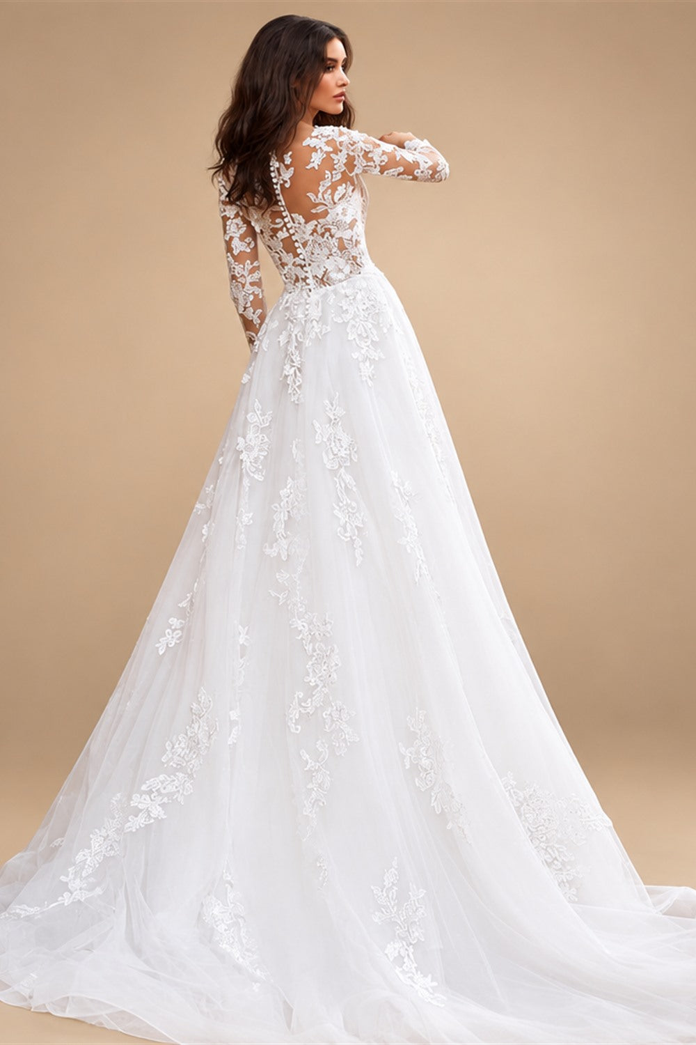 Attractive Tulle Jewel Neckline See-through Bodice A-line Wedding Dress With Lace Appliques & Beadings Long Sleeves Bridal Dress
