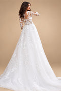 Attractive Tulle Jewel Neckline See-through Bodice A-line Wedding Dress With Lace Appliques & Beadings Long Sleeves Bridal Dress
