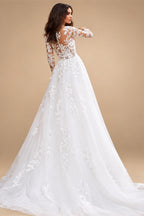 Attractive Tulle Jewel Neckline See-through Bodice A-line Wedding Dress With Lace Appliques & Beadings Long Sleeves Bridal Dress