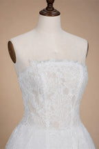 White Corset Strapless Lace Applique Tulle Bridal Ball Gown Wedding Dress ZP008