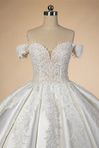 Luxury White Off-the-Shoulder Lace Satin Ball Gown Wedding Dress ZP069