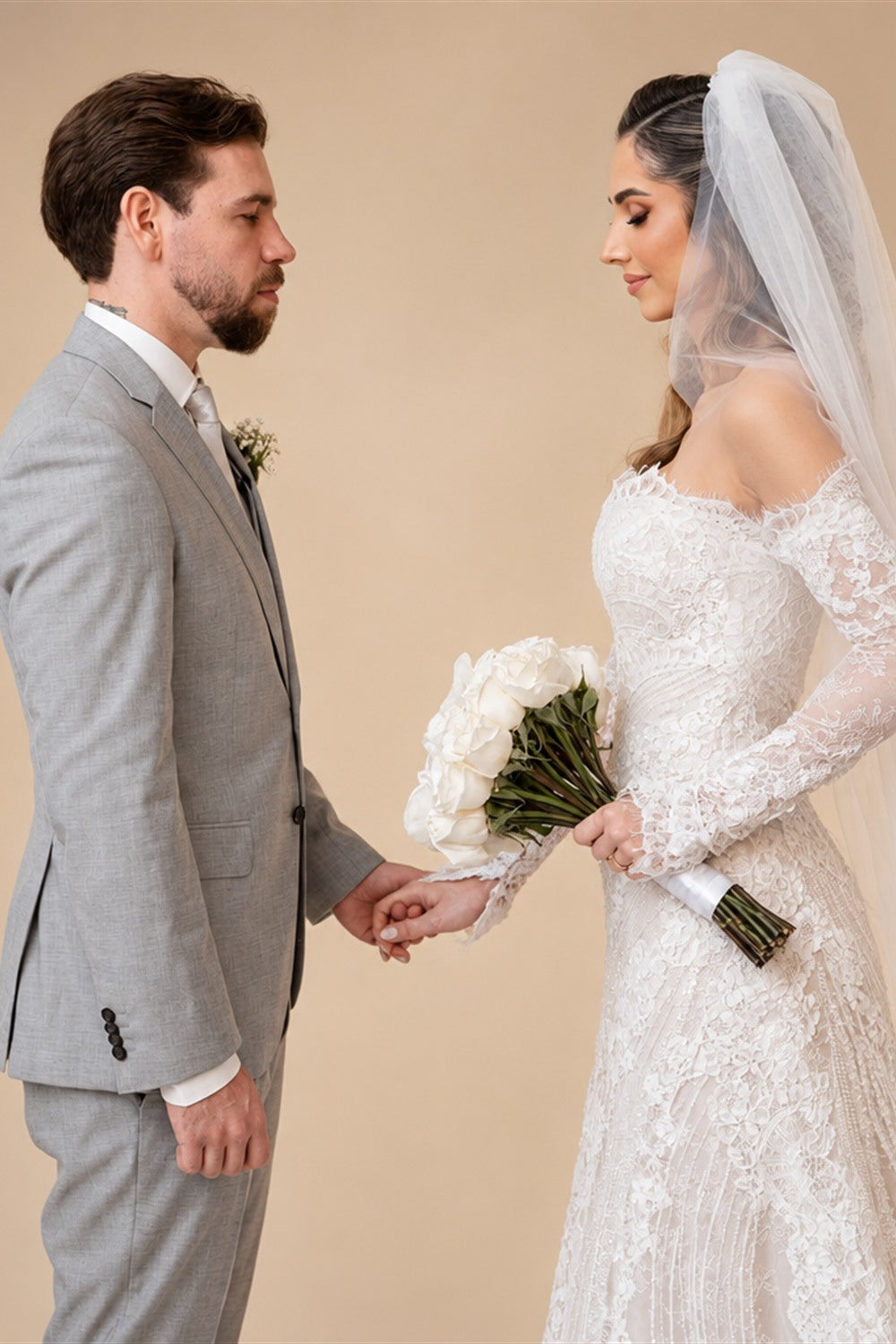White Beaded Lace Bridal Gown with Off Shoulder Long Sleeves ZP203