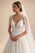 Spaghetti Strap V-Neck Lace Wedding Dress with Leaf Embroidery | ZapDress