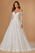 Custom Lace Wedding Dress Long Sleeve Sweetheart Beaded Sweep Train Gown