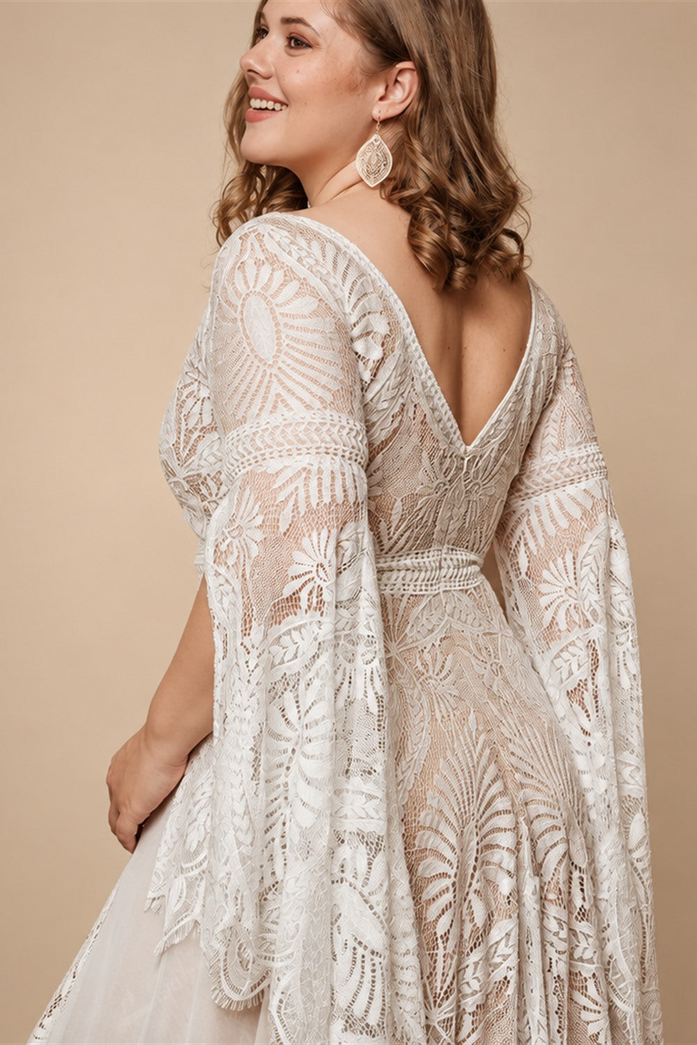Bohemian Boho Wedding Dress Lace Chiffon Long Sleeve V Neck Plus Size Gown