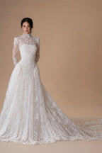 Classic Ivory Lace High Neck Long Sleeve A-Line Wedding Dress with Veil ZP107
