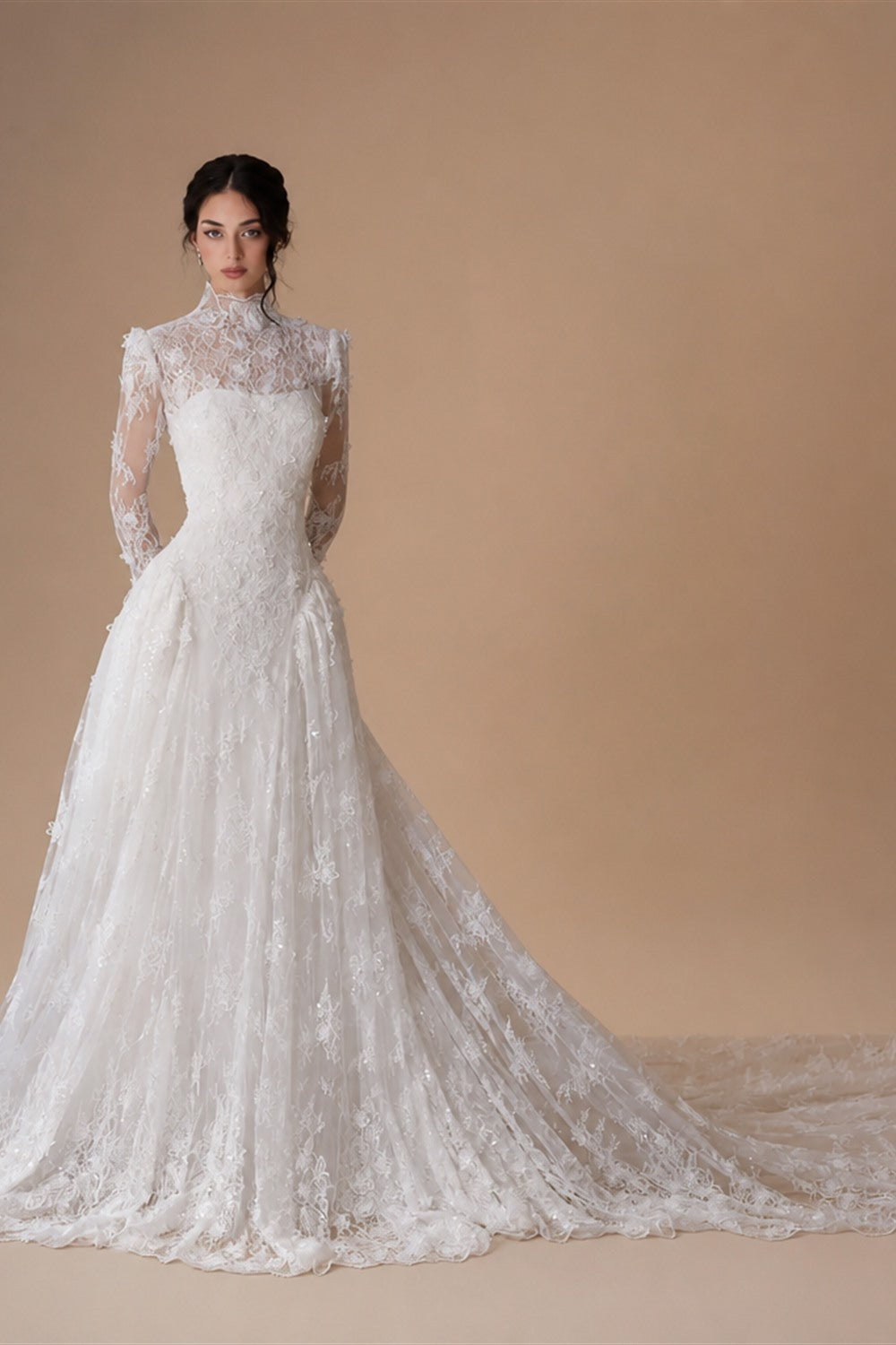 Classic Ivory Lace High Neck Long Sleeve A-Line Wedding Dress with Veil ZP107