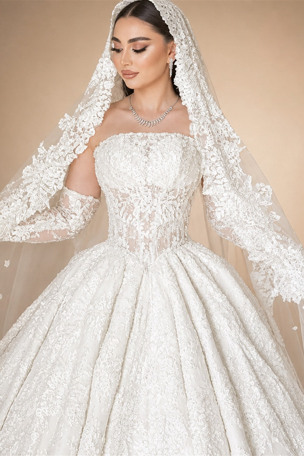 Mocaca Customized Luxury Sequins Lace Applique Ball Gown Wedding Dress Off Shoulder Appliques Long Sleeve Bridal Gown