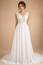 Boho A Line Chiffon Wedding Dress Sleeveless Deep V Lace Sheer Back Buttons Sweep Train Beach Bridal Gown Custom Vestido Novia