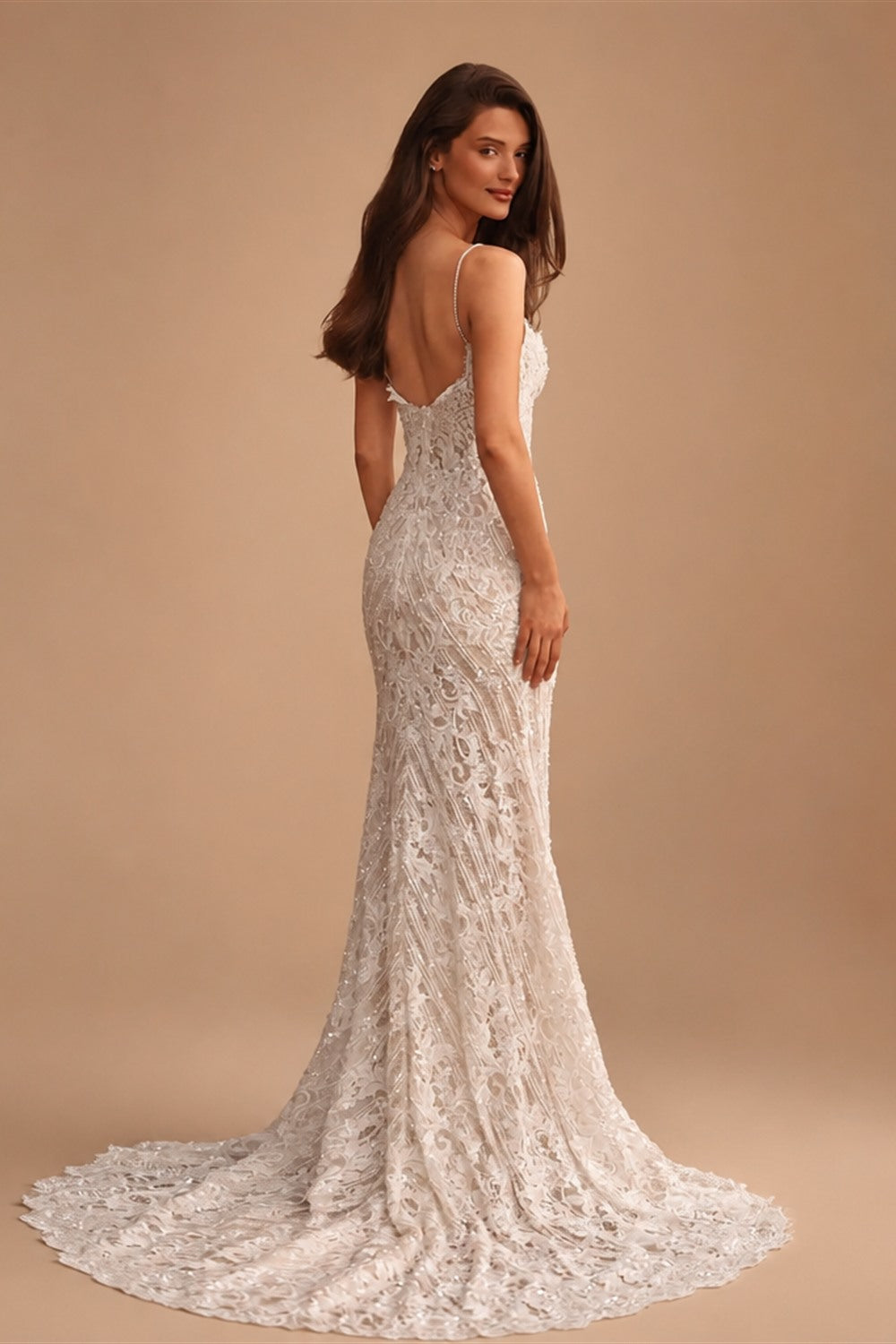 Sophisticated Ivory High Cold Shoulder Beaded Lace Fitted Wedding Dress ZP129