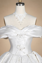 Off the Shoulder White Satin Ball Gown Flower Girl Dress with Long Cathedral Train ZP017