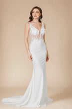 MisShow Elegant Straps White Mermaid Wedding Dresses Lace Pearls Backless V Neck Sleeveless Formal Party Gowns Vestido Marriee