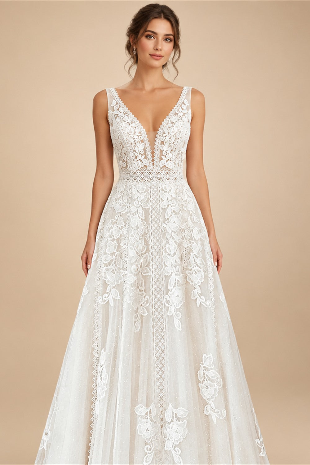 Boho Lace Applique Wedding Dress With Plunging V Neck For Beach Brides