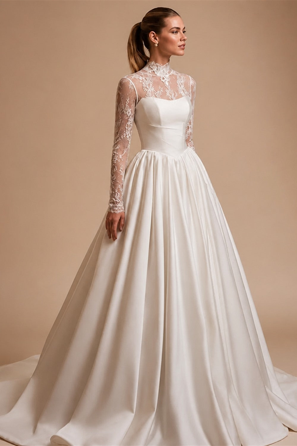 Customized Wedding Dress Vestido De Noiva Fashion High Neck Long Sleeves Top Lace Satin Bridal Gown Sweep TrainRobe Mariee